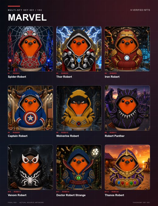 A promotional graphic for a "MARVEL" NFT collection showing 9 verified NFTs of orange bird characters dressed as various superheroes, labeled "Spider-Robert," "Thor Robert," "Iron Robert," "Captain Robert," "Wolverine Robert," "Robert Panther," "Venom Robert," "Doctor Robert Strange," and "Thanos Robert."