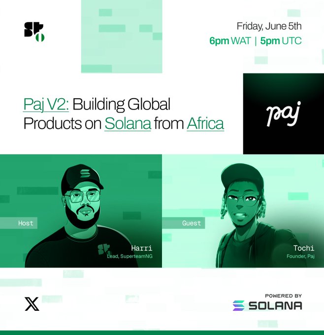 The image features a poster for an event called "Paj V2", which is about building global products from Solana. The poster has two people depicted on it - one man wearing a hat, and another woman with a backpack. They are positioned in front of a green wall that displays the text "Paj V2 Building Global Products on Solana from Africa". The event is scheduled for Friday at 6 PM, as indicated by the time stamp displayed on the poster.