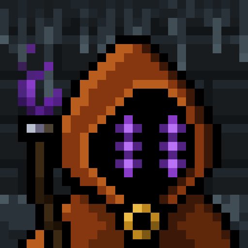 A pixel art illustration of a hooded figure in an orange-brown robe with a purple-glowing face and a staff topped with a purple crystal.