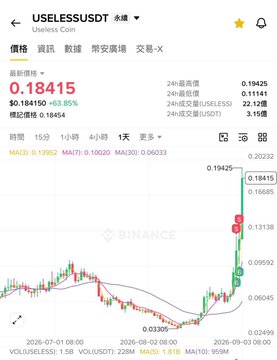 A Binance app screenshot showing the USELESSDST/USDT trading pair with a price of 0.18415, marking a 63.85% increase over 24 hours.