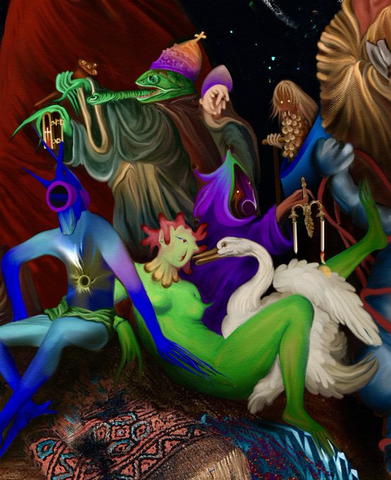 A vibrant, surreal digital painting depicting a central green, frog-like humanoid creature holding a white swan, surrounded by other mythical beings, including a praying mantis and a blue, horned figure, set against a cosmic background.
