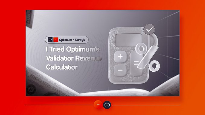 The image shows an infographic or poster with a calculator icon on it, accompanied by text that reads "I tried optimium's optimium's validator revenue calculator" and "I used to think validator rewards were mostly about how much ETH you had staked". The focus of the post is on the concept of validator rewards in relation to network efficiency.