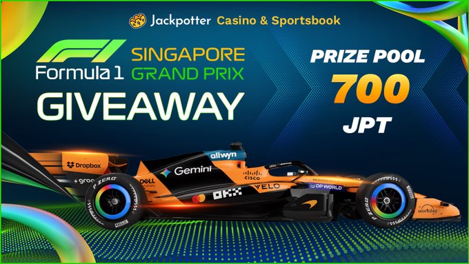 A promotional graphic for 'Jackpotter Casino & Sportsbook' advertising a Formula 1 Singapore Grand Prix giveaway with a prize pool of 700 JPT, featuring an orange McLaren F1 car.