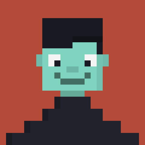 A pixel art portrait of a Frankenstein-like character with green skin, dark hair, and a black turtleneck against a red background.