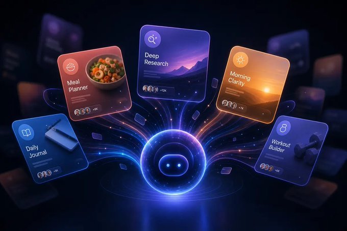 The image features a futuristic scene with a robot-like object surrounded by various icons representing different activities or skills. The robot appears to be floating above these icons, creating an immersive experience for users who interact with the app. The icons include "Deep Research", "Meal Planner", and "Workout Buddy". The post suggests that this app can help users learn new skills, manage their time effectively using a schedule, and track their fitness progress through various activities such as reading, cooking, and working out.