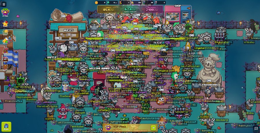 A chaotic and crowded screenshot from a multiplayer game (appearing to be Knight) showing numerous player avatars, usernames, in-game currency counters like '854,050,' and various UI elements like 'QUESTS' and 'LEADERBOARD.'