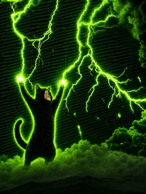 A dramatic fantasy image of a black cat with a green outline standing on hind legs with arms raised, channeling bright green lightning bolts from its paws against a background filled with green digital text.