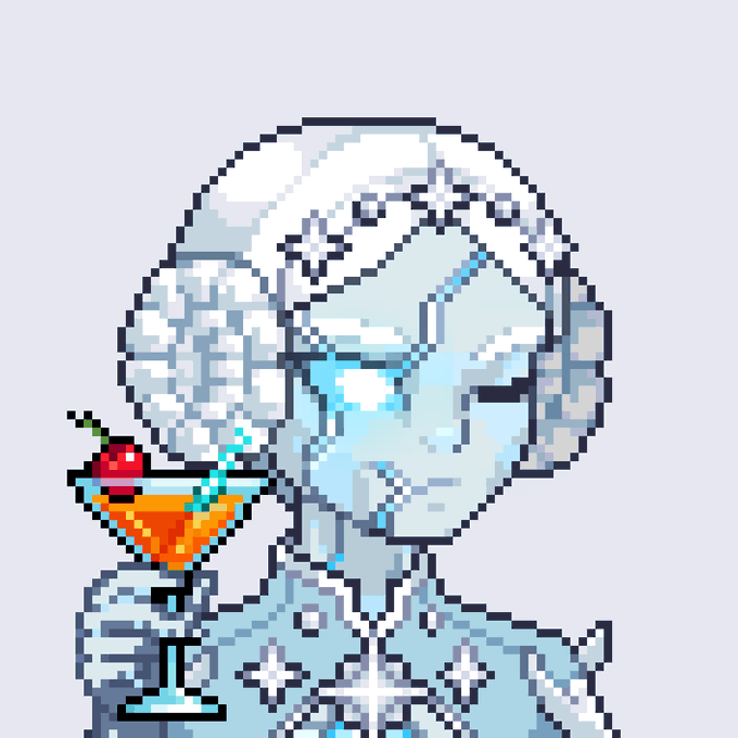 Pixel art of a pale blue figure resembling a classical statue holding a martini glass with a cherry garnish.