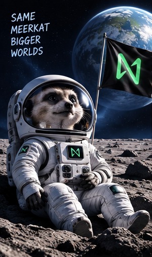 A meerkat dressed as an astronaut sits on the moon with Earth visible in the background, holding a black flag with a green "M" logo and accompanied by the text "SAME MEERKAT BIGGER WORLDS."