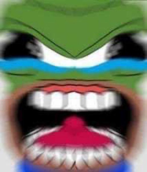 Heavily distorted, zoomed-in glitch-style image of Pepe the Frog's face showing a wide-open mouth with teeth and a red tongue against a colorful background.