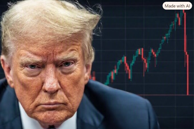A close-up of Donald Trump is superimposed on a financial chart showing a steep downward trend, reflecting the dramatic fall of the $TRUMP memecoin.
