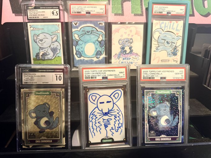 A collection of graded Topps Chrome 2025 Veefriends "Chill Chinchilla" cards, including Blank Canvas Sketches and regular variants, displayed in CGC slabs with grades ranging from 9.5 (Gem Mint) to 10 (Gold Label/Pristine) and labeled "BLAST OFF!" — highlighting the prized sketch card featuring Gary Vaynerchuk's drawing that was the centerpiece of the trade.