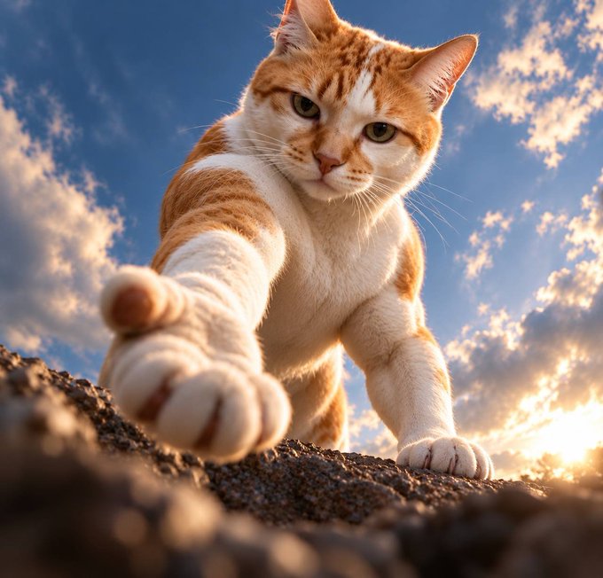 Low-angle photograph of an orange and white tabby cat reaching its paw toward the camera against a bright blue sky with clouds and sunlight.