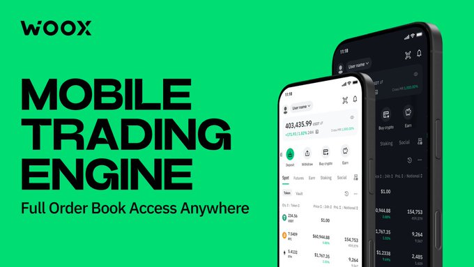 A promotional graphic with a green background featuring 'WOOX MOBILE TRADING ENGINE' text and 'Full Order Book Access Anywhere,' alongside images of smartphones displaying cryptocurrency trading interfaces.