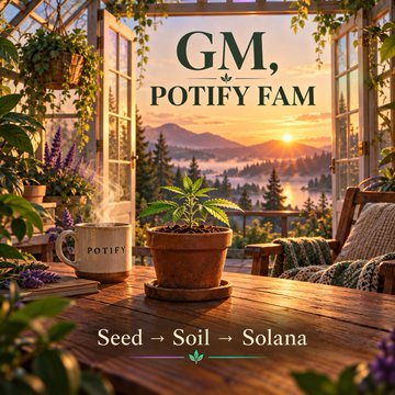 A promotional graphic featuring a potted plant on a table with a sunset mountain view through a window, displaying text 'GM, POTIFY FAM' and 'Seed → Soil → Solana'.