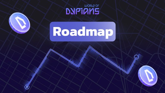 A dark blue graphic featuring the "World of Dypians" logo, a glowing "Roadmap" button, and an upward-trending line chart flanked by two $WOD coin icons, visually reinforcing the post's announcement of Q3 2026 milestones—including over 1 billion transactions—and the transition into Q4.