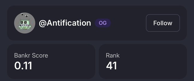 A profile card for the user @Antification showing a pixel robot avatar, an 'OG' badge, a Bankr Score of 0.11, and a Rank of 41 with a Follow button.