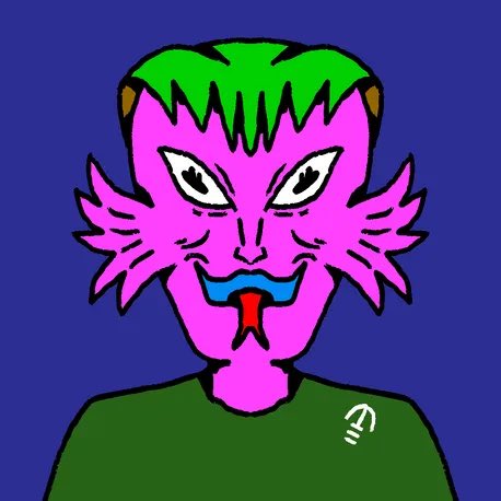 A cartoonish digital illustration of a purple-skinned creature with green hair, sharp eyes, a red tongue, and fin-like protrusions on its cheeks against a dark purple background.