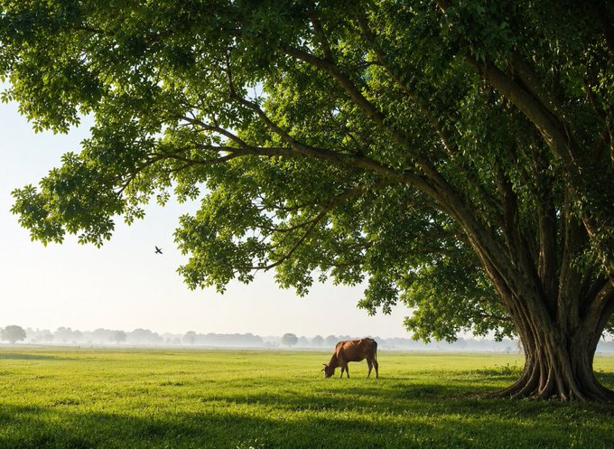 A peaceful cow grazes in a sunlit field beneath a sprawling tree, embodying the calm patience and steady reflection that AI tools like @TheARCTERMINAL bring to navigating fast-moving crypto markets.