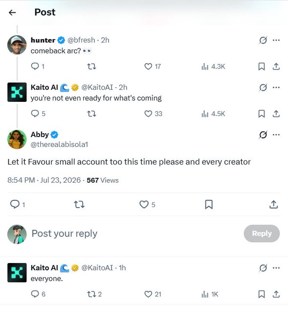 The image shows a Twitter/X thread where Kaito AI (@KaitoAI) tweets "you're not even ready for what's coming" and "everyone." in response to a user named hunter (@bfresh) posting "comeback arc?" and Abby (@therealabisolal) asking the algorithm to favor small accounts and creators. The post relates to the image by suggesting that Kaito AI's social media manager is simply hyping an upcoming product launch through cryptic tweets, but the actual developers may not deliver anything as significant as the teaser implies—warning followers to temper their expectations despite the bullish tone.