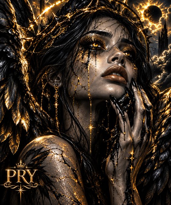 A stylized portrait of a woman with golden eyes, tears of liquid gold, dark feathers, and an eclipsed sun behind her, featuring the text 'PRY' in the lower left.