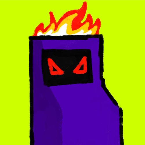 A simple cartoon drawing of a purple character with glowing red triangle eyes and flames on its head against a bright green background.
