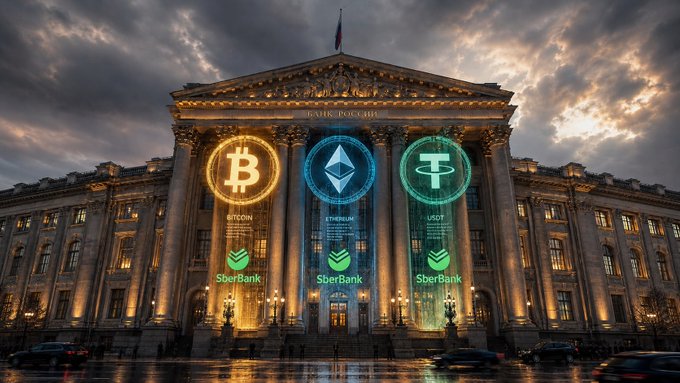 A grand classical bank building at dusk with projected glowing symbols of Bitcoin, Ethereum, and Tether (USDT), each labeled 'SberBank' below.