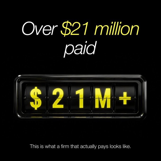 The image displays bold text stating "Over $21 million paid" above a yellow and black odometer-style counter showing "$21M+" against a black background, with the caption "This is what a firm that actually pays looks like." at the bottom. This visual reinforces the post's claim about CryptoFundTrader's transparent payout reserves, showcasing their verified $21+ million in payouts as a credibility marker for prospective prop firm traders.