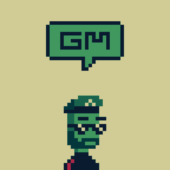 A pixel art image on a pale yellow background showing a green speech bubble with 'GM' and a green ninja-like character below it.