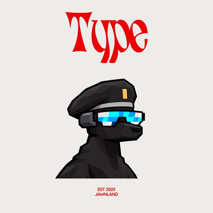 A graphic design featuring the word 'Type' in red stylized lettering above a black dog character wearing sunglasses and a military-style cap, with 'EST 2025 JAWNLAND' at the bottom.