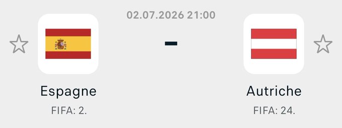 A matchup graphic shows Spain vs. Austria scheduled for 02.07.2026 at 21:00, with Spain ranked FIFA: 2 and Austria ranked FIFA: 24. The image relates to the post as a reminder of an upcoming game, where followers have 6 hours to predict the exact score for a chance to win $1,500.