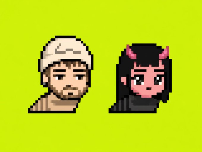 Two pixel art portraits—one of a man wearing a white cap and another of a pink-skinned demon-like figure with black hair—appear against a bright lime green background, likely serving as hooded worm characters promoting a crypto wallet giveaway on Telegram.