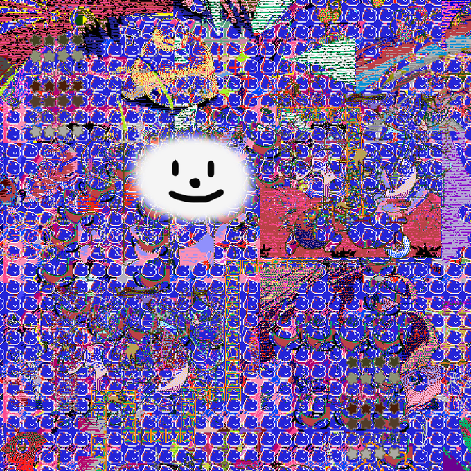 A dense, repeating pattern of small blue smiley faces covers the image in a glitchy, psychedelic arrangement of colorful blocky textures, with a single larger white smiley face centered prominently against the chaotic background. The artwork visually reflects the title "minimal :)" through ironic contrast—pairing an extremely overwhelming, maximalist visual field with the simplest possible emoticon motif.