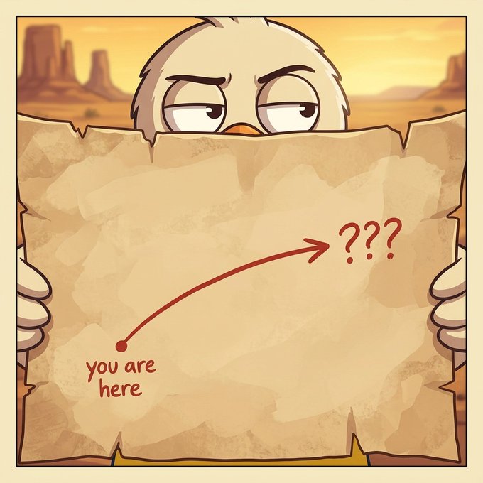 A cartoon bird character with a confused expression holds up a tattered parchment map showing "you are here" with an arrow pointing to "???" in a desert landscape.