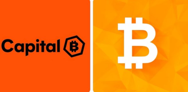 The image features two orange panels displaying "Capital" with a stylized "B" Bitcoin logo on the left and a large white Bitcoin "₿" symbol on the right, visually representing Capital B's Bitcoin treasury efforts described in the post.