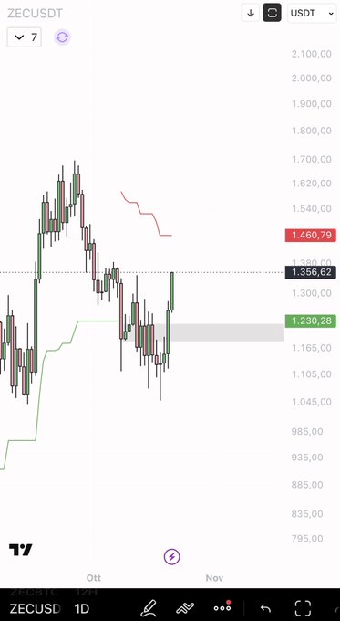A TradingView candlestick chart for **ZEC/USDT (ZECUSDT)** shows **ZEC** rising about **10%**, with the price near **1,460.79** and marked levels at **1,356.62** and **1,230.28**. The chart also includes a red downward projection and dates around **Oct–Nov**.