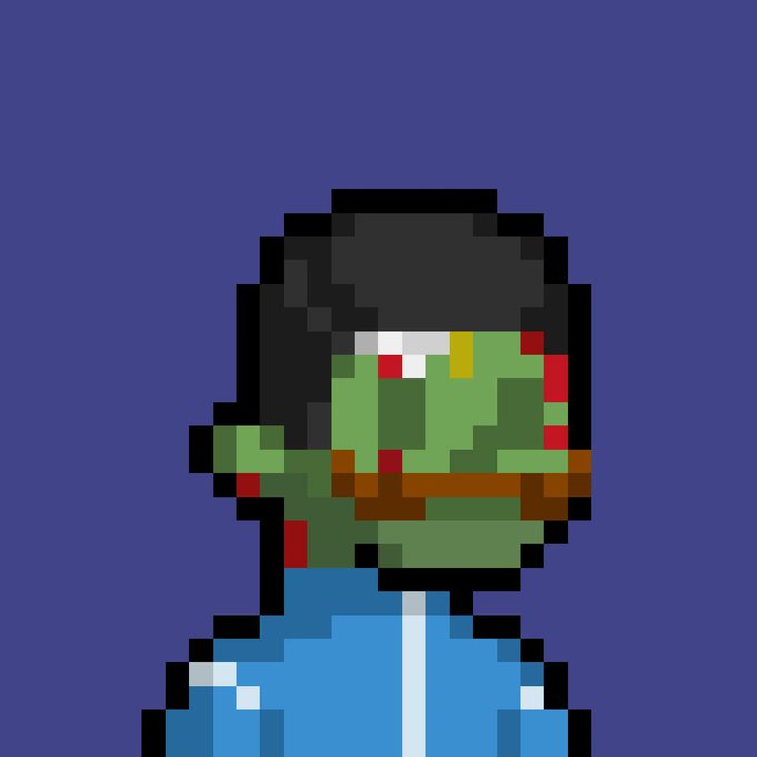 A pixel art portrait of a green-skinned zombie-like character wearing a black hood and blue hoodie, with blood splatters and a brown band across the face, fitting the Halloween or zombie theme often associated with Solana-based gaming NFTs.