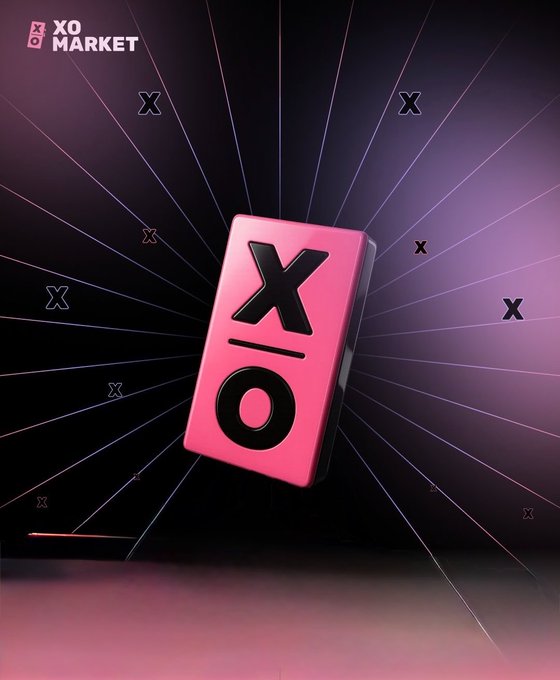A promotional image for XO Market featuring a pink 3D XO block with black 'X' and 'O' symbols against a dark background with radiating lines and floating X letters.