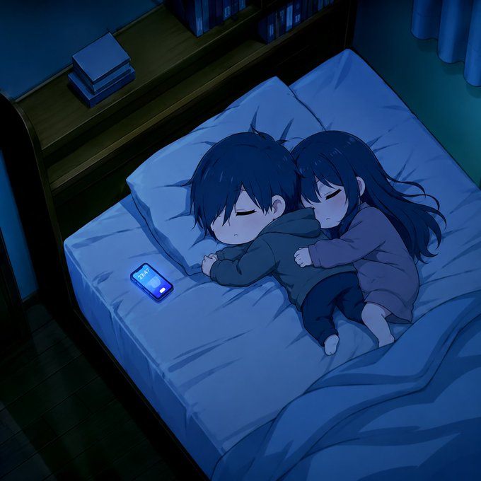 The image features a couple of cartoon characters lying down together on a bed with their cell phones next to them. The scene takes place at night, creating an atmosphere of relaxation and companionship. The main focus of the image is the connection between the two characters' cell phones, which are placed close to each other. This suggests that they might be using these devices for communication or sharing information while spending time together in bed.