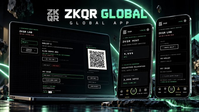 A promotional image for ZKQR Global App showing the platform displayed across a laptop and two smartphones with cryptocurrency wallet interfaces, set against a futuristic space-themed background.