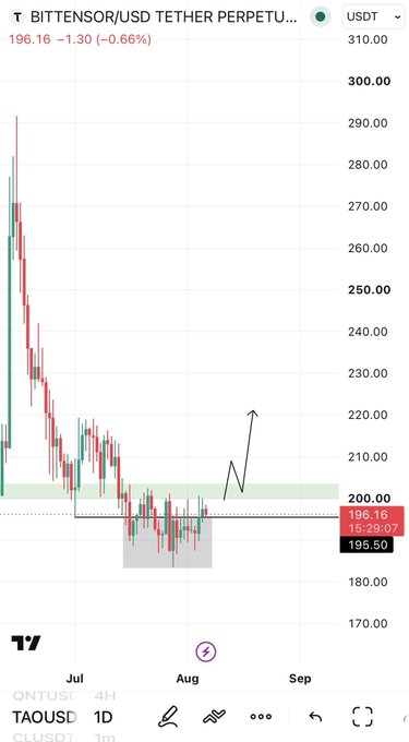 A TradingView chart of BITTENSOR/USD Tether Perpetual (TAOUSUSDT) on the 1D timeframe, showing price at 196.16 (-0.66%), with a hand-drawn arrow indicating potential upward momentum toward 220 if the highlighted green support zone near 200-205 is flipped into resistance-turned-support.