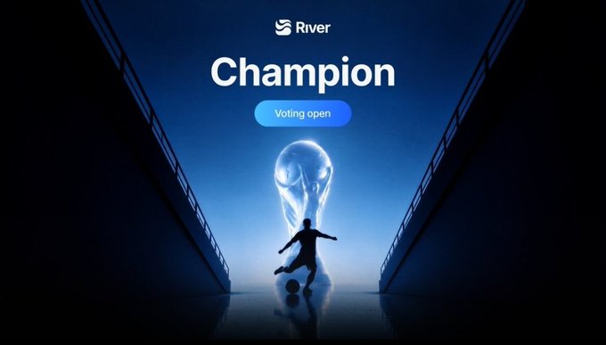 A promotional image for River showing a silhouetted soccer player kicking a ball in a tunnel, with a glowing translucent head behind them and a 'Voting open' button under the text 'Champion'.