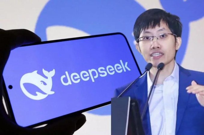 A photo showing a person holding a smartphone displaying the 'deepseek' logo (a blue whale) in the foreground, while a man in glasses and a suit speaks at a podium in the background.