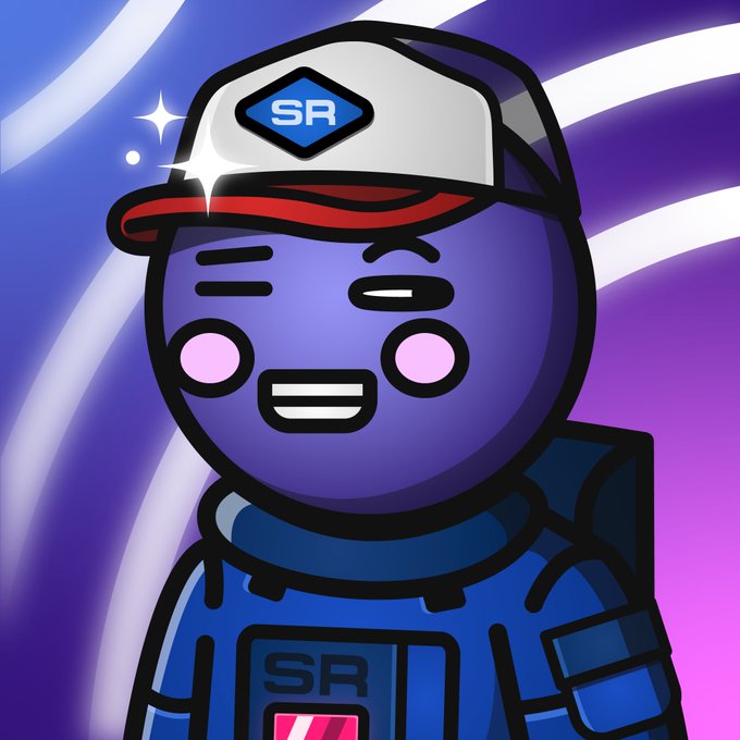 A digital cartoon illustration of a purple blueberry character wearing a white and red cap with 'SR' branding, set against a purple and white streaked background.