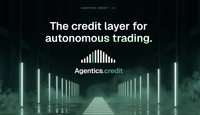 A promotional graphic for 'Agentics.credit' with the tagline 'The credit layer for autonomous trading,' set against a futuristic green-lit corridor.