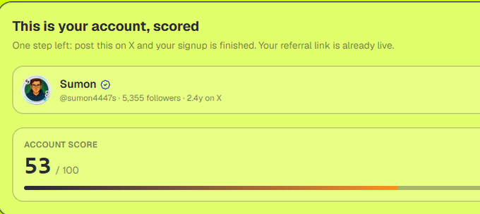 A bright yellow-green account score screen displaying 'This is your account, scored' for the user 'Sumon' (@sumon4447s), showing 5,355 followers and an account score of 53/100.