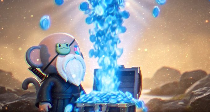 A digital artwork showing a character with a frog-like face, white beard, and eyepatch opening a treasure chest. The chest releases a glowing stream of blue gem-like objects into the air.