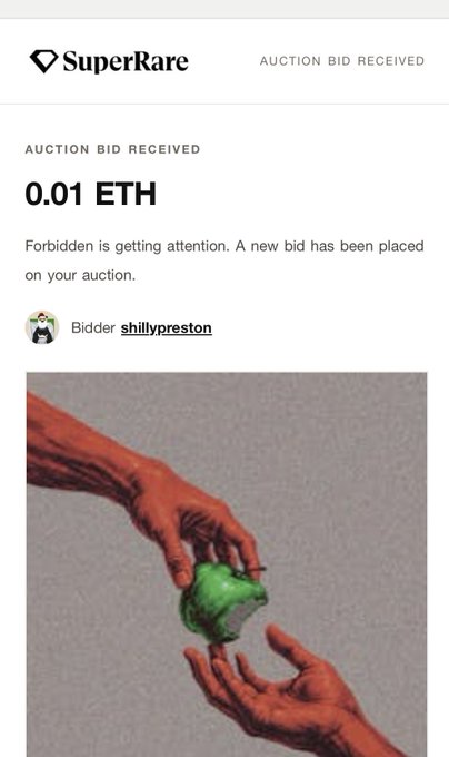 A SuperRare notification shows an auction bid received of 0.01 ETH from bidder 'shillypreston' for an artwork titled 'Forbidden'.