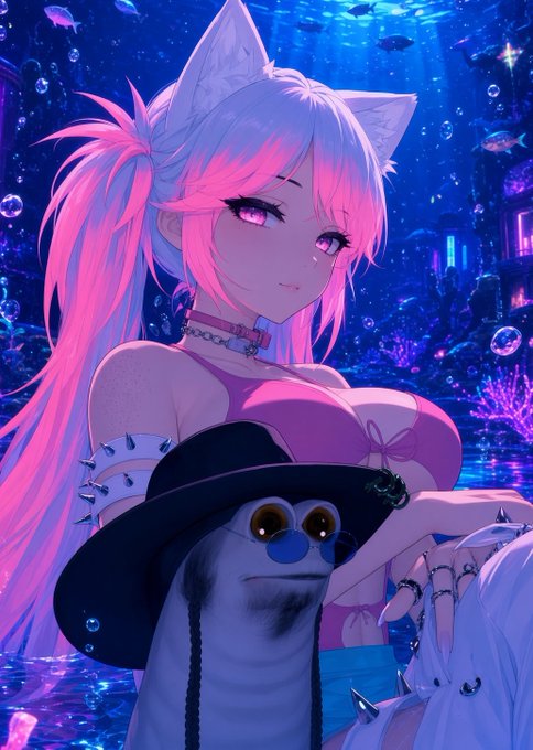An anime-style illustration features a girl with pink and white hair and cat ears in an underwater scene, accompanied by a seal wearing a black hat and sunglasses.