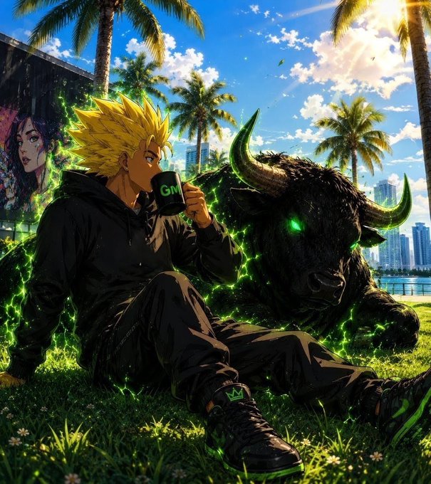 An anime-style illustration features a spiky blond-haired character in a black hoodie holding a black cup with 'GN' in green letters, sitting on grass next to a large dark bull with glowing green eyes, set against a tropical cityscape background.